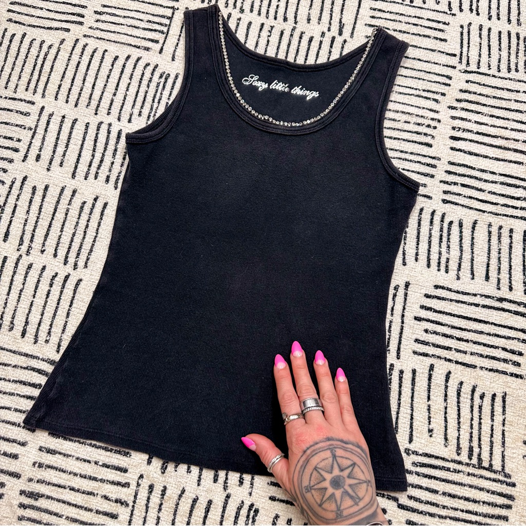 Y2k Sexy Little Thing Victoria’s Secret Rhinestone Collar Tank Top Black Xs / S